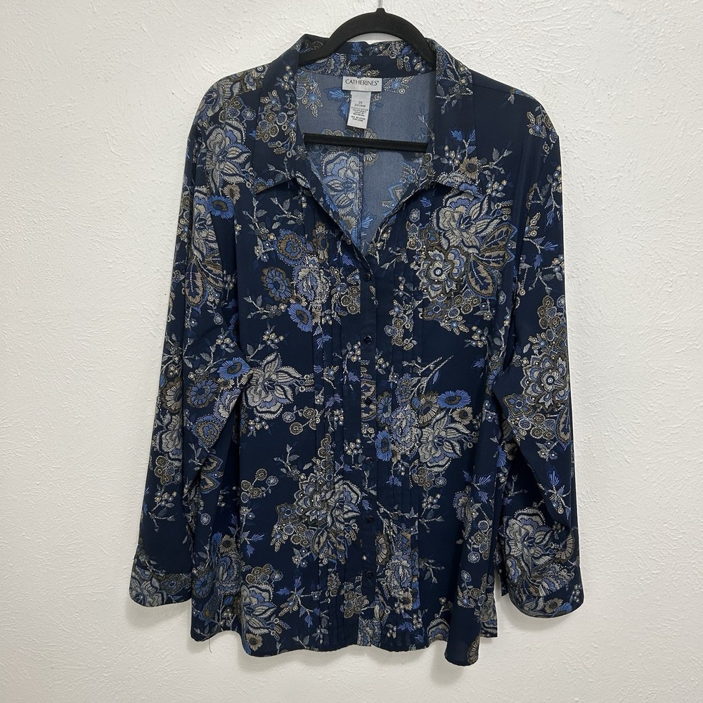 Catherines Button Up Tunic Shirt 2X 22/24W Long Sleeve Blue Beige Floral Mature